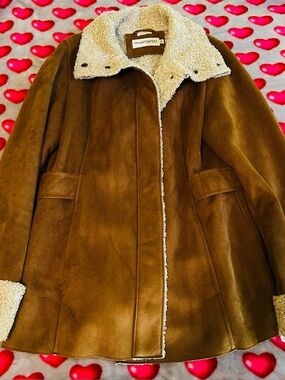 Hilary Radley Brown Suede Teddy Jacket with Cream Shearling Trim